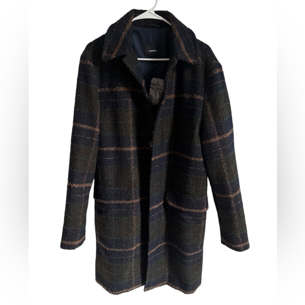 NEW Express Navy Plaid Wool-Blend Topcoat, Size Medium